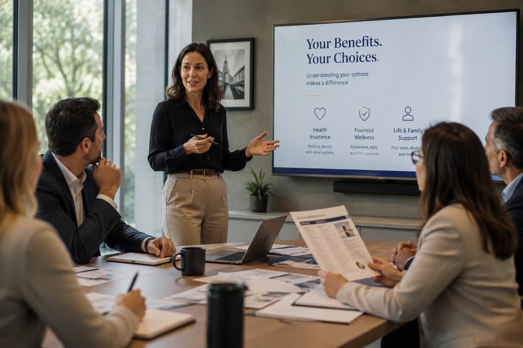 Benefits education presentation with employees reviewing plan options