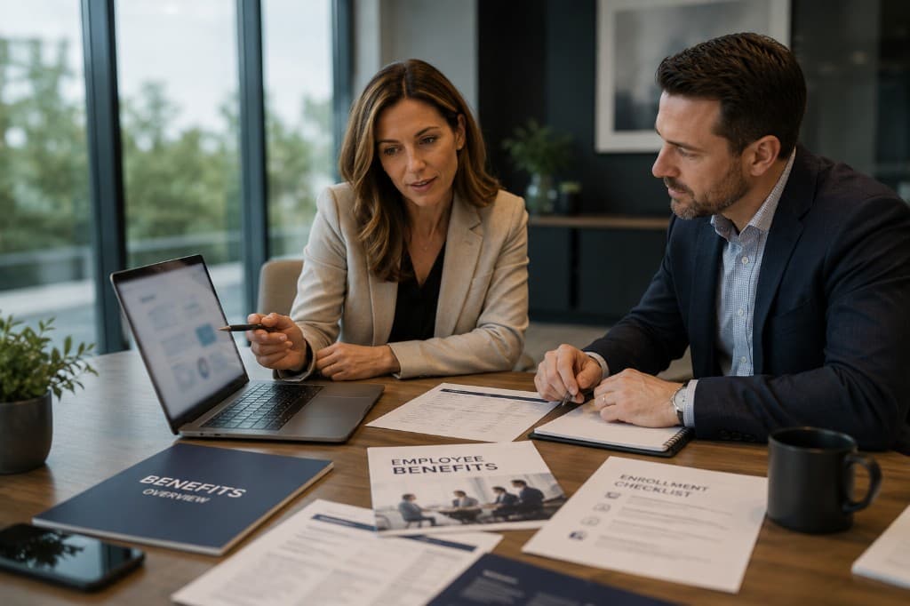 Employers reviewing employee benefits enrollment materials at a conference table