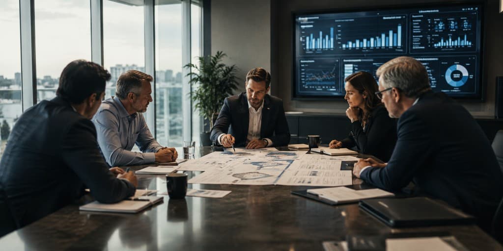 Business leadership team collaborating in a modern conference room