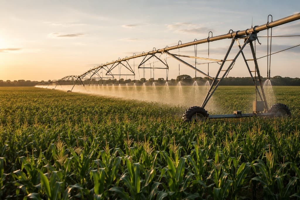 Center-pivot irrigation system watering a corn field at golden hour