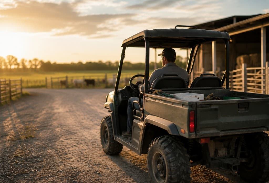 Farmer driving a utility vehicle along a farm road at sunset, with a barn and grazing cattle in the background