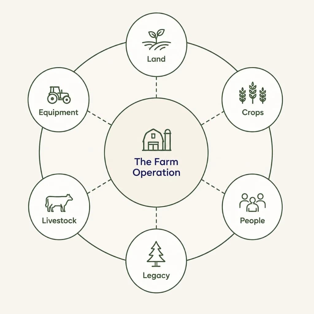 Diagram showing land, crops, people, legacy, livestock, and equipment connected to the farm operation