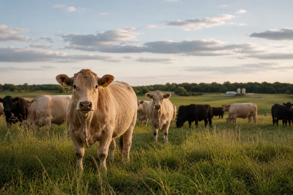 Cattle grazing in open pasture with farm buildings in the distance