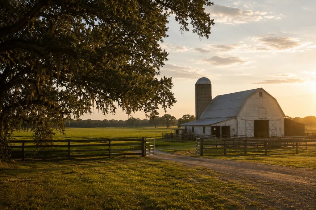 White barn and silo at golden hour with open pasture and mature oak tree