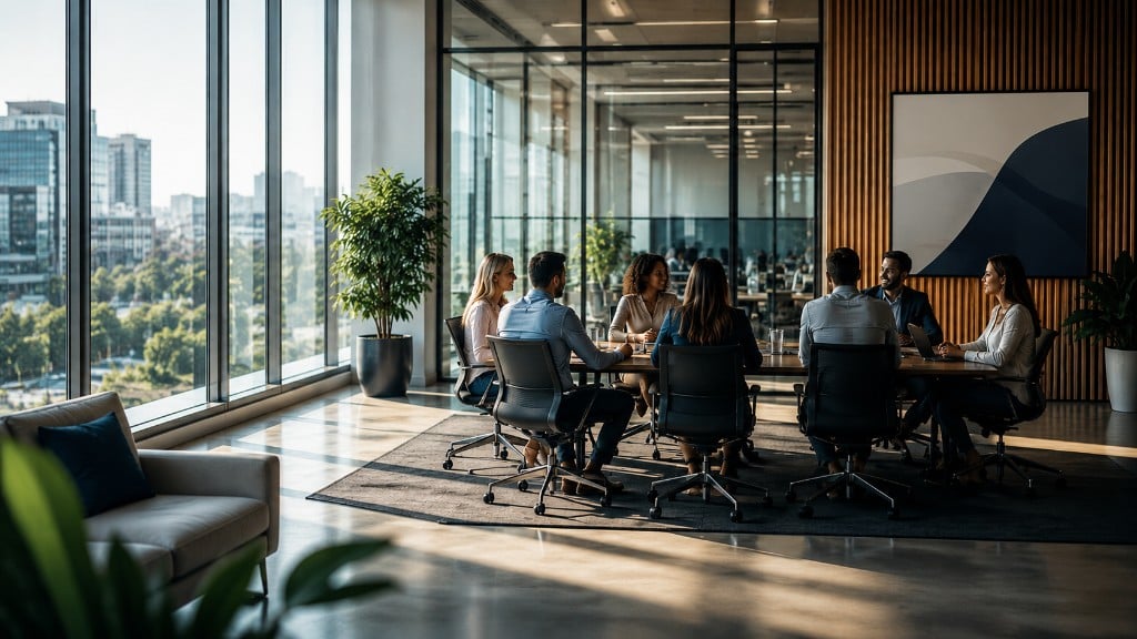 Team meeting in a modern office with city views