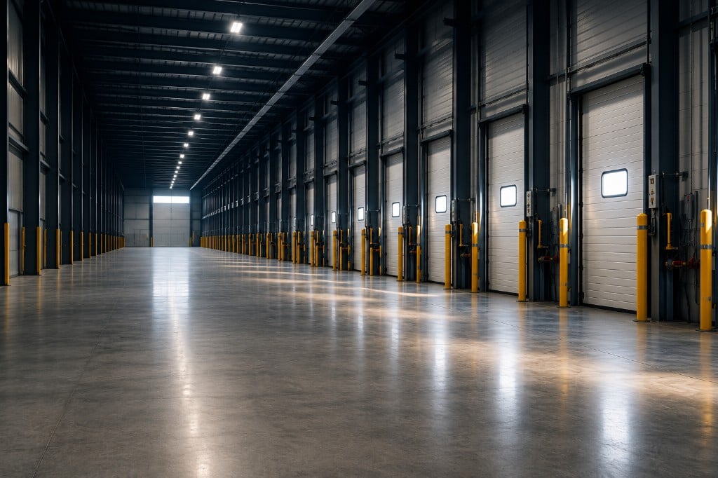 Industrial warehouse interior with loading dock doors