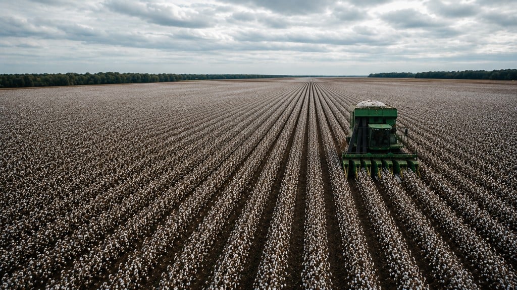Cotton harvester working rows in a field under cloudy skies