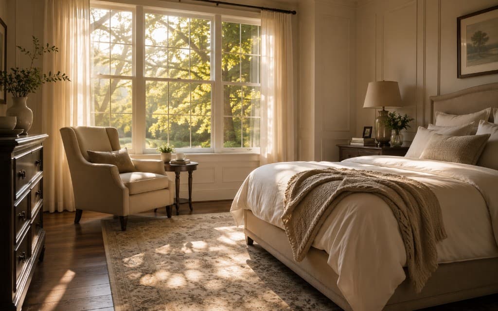 Serene morning light in a cozy bedroom with warm golden sunlight through the window