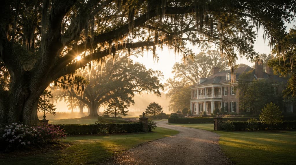 Golden hour at a Southern brick manor with oak trees and Spanish moss along the drive