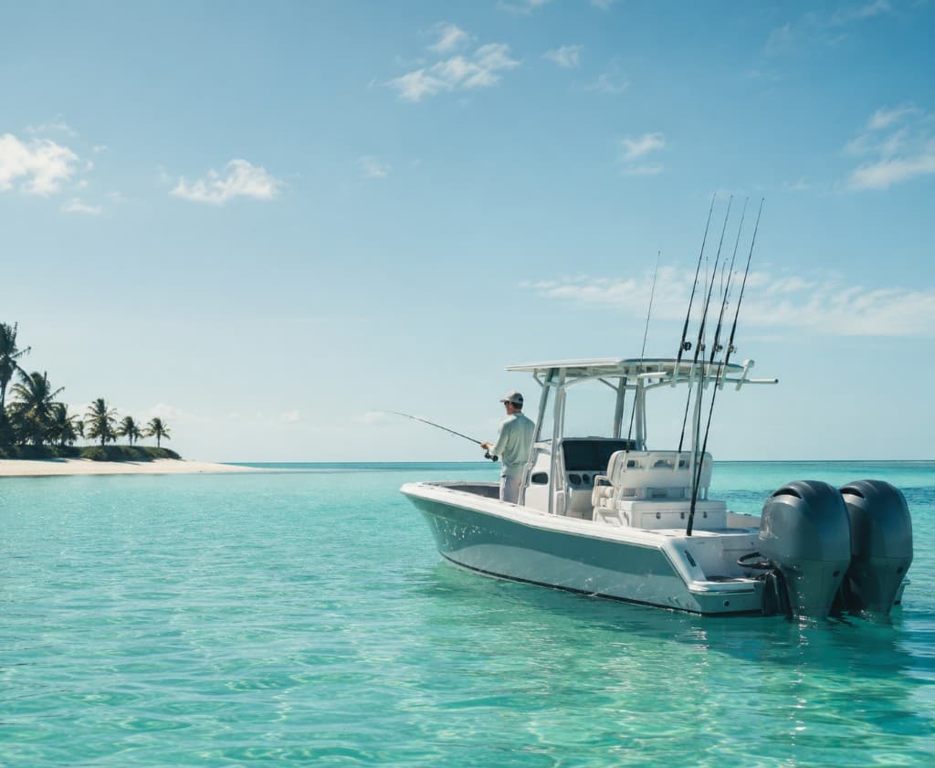 Center-console fishing boat on clear tropical water with a palm-lined island in the distance