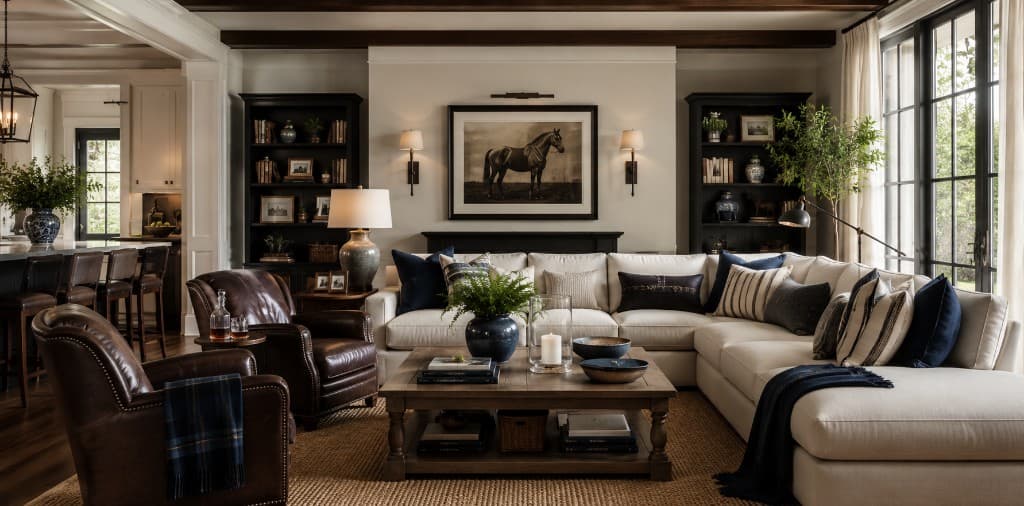 Coastal-inspired living room with leather seating, built-in bookshelves, and equestrian artwork