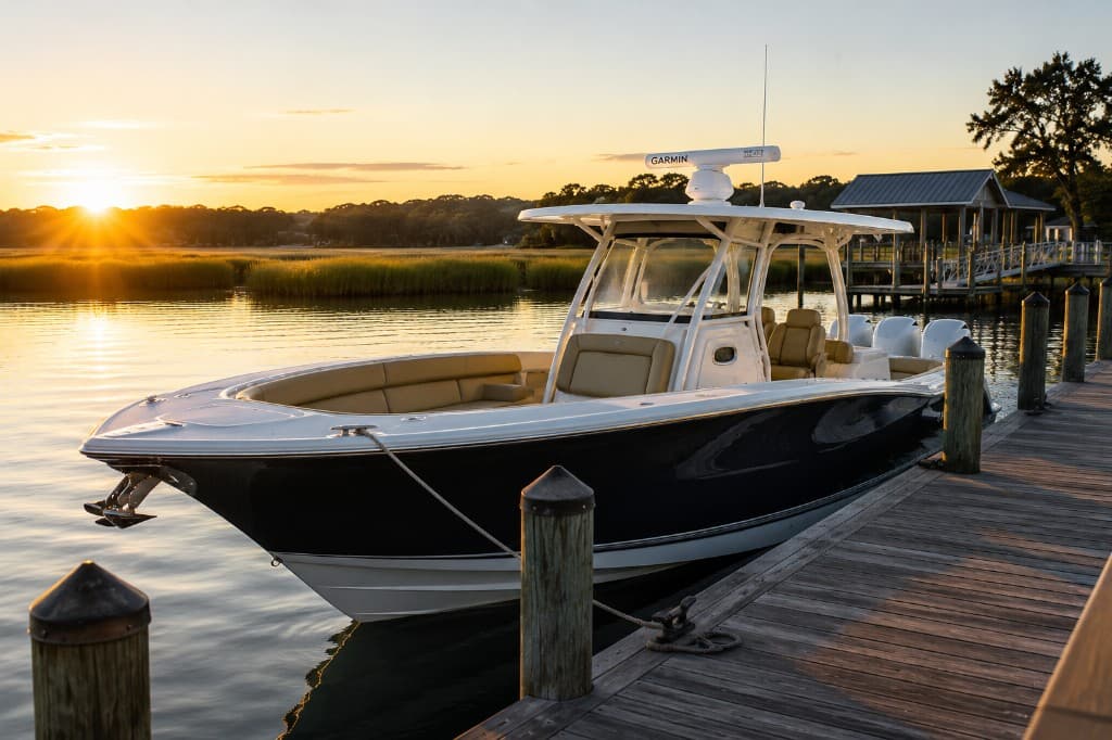 Center-console motorboat docked at a marina during golden hour
